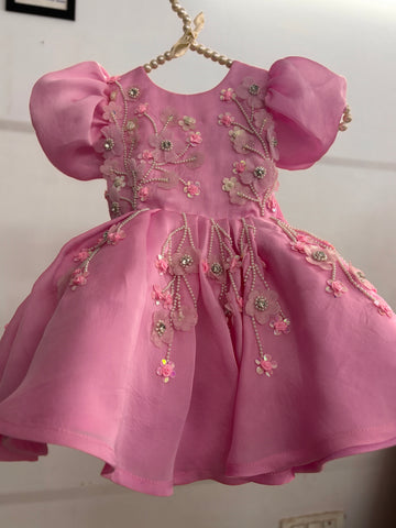 Pink Satin Organza Hand Crafted Dress