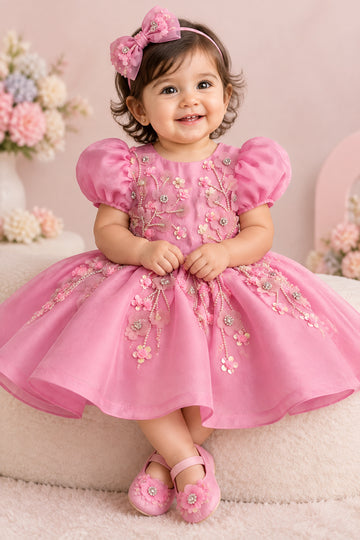 Pink Satin Organza Hand Crafted Dress
