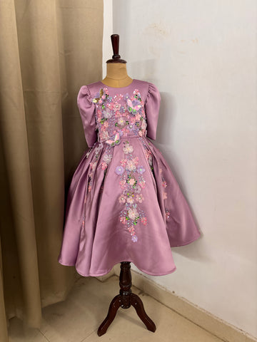 Lavender Satin Girls Dress | 3D Flowers & Butterfly Frock