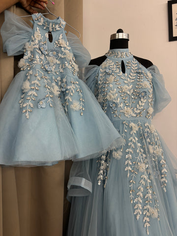 Blue Handmade Mother Daughter Dress Set