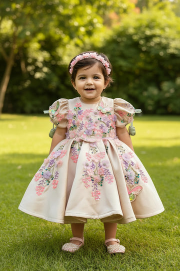 Beige Handmade Dress with 3D Butterflies