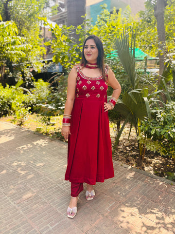 LD- 001 Cheery Red Anarkali Set