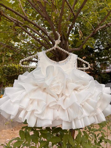 White Ruffle Organza Frock for Baby Girls — Rhinestone Neckline, 3D Rose & Layered Skirt