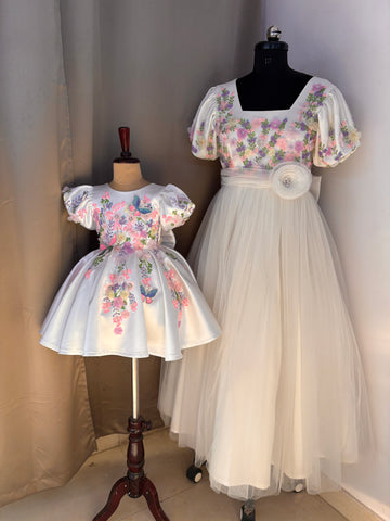 White Handmade Mother Daughter Combo Dress