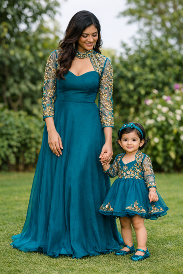 Peacock Blue Mother Daughter Dress Set