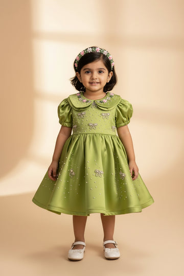 Olive Green Double Collar Handmade Dress