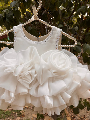 White Ruffle Organza Frock for Baby Girls — Rhinestone Neckline, 3D Rose & Layered Skirt