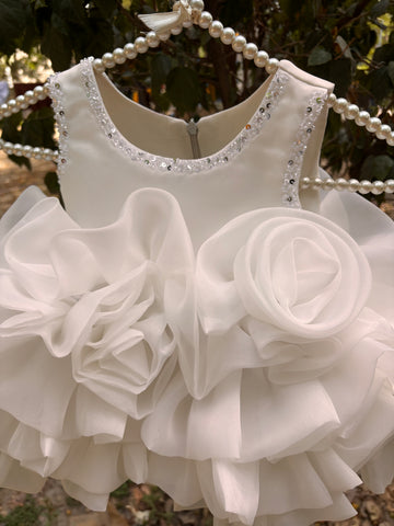White Ruffle Organza Frock for Baby Girls — Rhinestone Neckline, 3D Rose & Layered Skirt