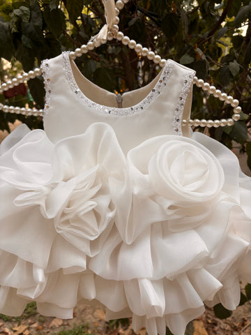 White Ruffle Organza Frock for Baby Girls — Rhinestone Neckline, 3D Rose & Layered Skirt