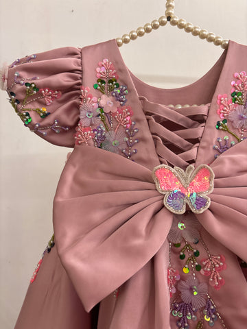 Dusty Rose Butterfly Garden Frock for Baby Girls — 3D Flowers, Sequin Butterflies & Puff Sleeves