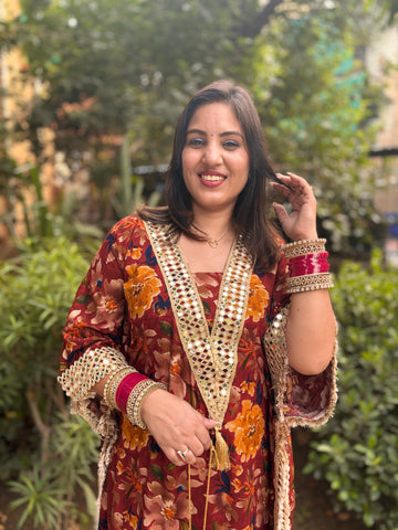 LD- 007 Printed Mirror work Kaftan Set with Potli