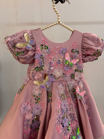 Dusty Rose Butterfly Garden Frock for Baby Girls — 3D Flowers, Sequin Butterflies & Puff Sleeves