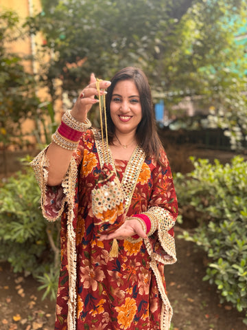 LD- 007 Printed Mirror work Kaftan Set with Potli