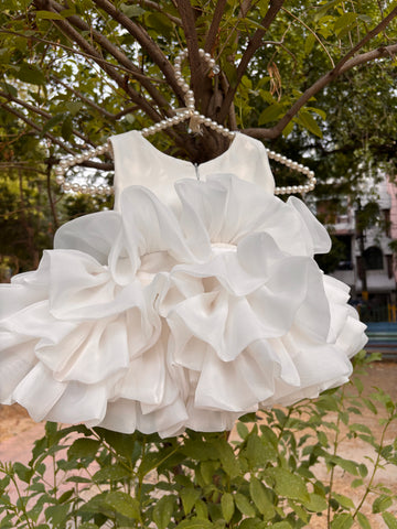 White Ruffle Organza Frock for Baby Girls — Rhinestone Neckline, 3D Rose & Layered Skirt