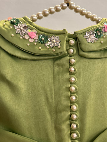 Olive Green Double Collar Handmade Dress