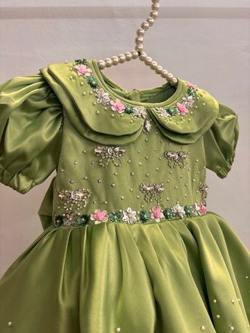 Olive Green Double Collar Handmade Dress