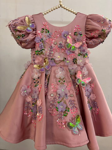 Dusty Rose Butterfly Garden Frock for Baby Girls — 3D Flowers, Sequin Butterflies & Puff Sleeves