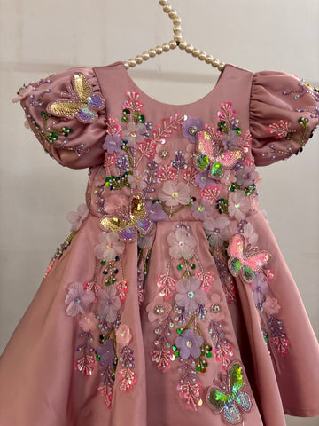 Dusty Rose Butterfly Garden Frock for Baby Girls — 3D Flowers, Sequin Butterflies & Puff Sleeves