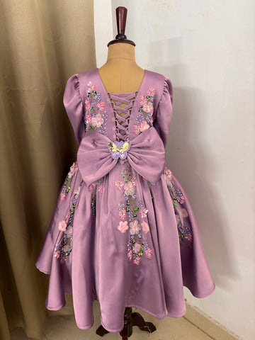 Lavender Satin Girls Dress | 3D Flowers & Butterfly Frock
