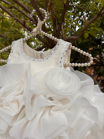 White Ruffle Organza Frock for Baby Girls — Rhinestone Neckline, 3D Rose & Layered Skirt