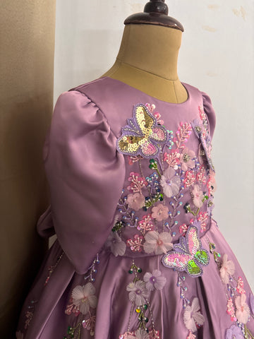 Lavender Satin Girls Dress | 3D Flowers & Butterfly Frock