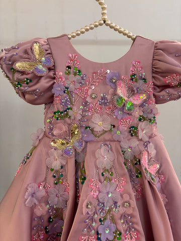 Dusty Rose Butterfly Garden Frock for Baby Girls — 3D Flowers, Sequin Butterflies & Puff Sleeves