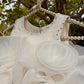 White Ruffle Organza Frock for Baby Girls — Rhinestone Neckline, 3D Rose & Layered Skirt