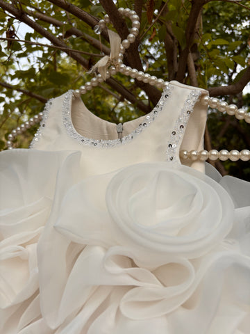 White Ruffle Organza Frock for Baby Girls — Rhinestone Neckline, 3D Rose & Layered Skirt