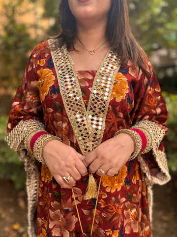 LD- 007 Printed Mirror work Kaftan Set with Potli