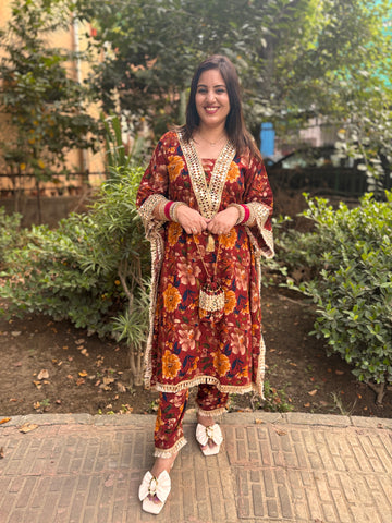 LD- 007 Printed Mirror work Kaftan Set with Potli