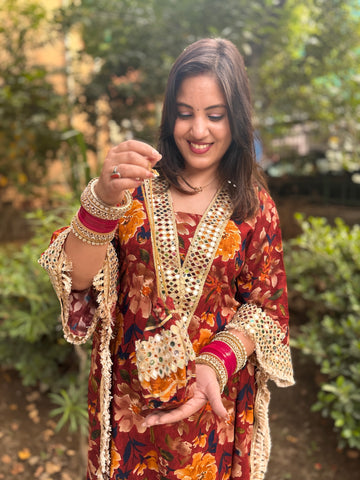 LD- 007 Printed Mirror work Kaftan Set with Potli