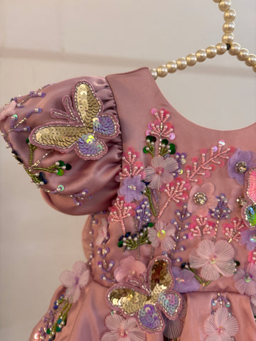 Dusty Rose Butterfly Garden Frock for Baby Girls — 3D Flowers, Sequin Butterflies & Puff Sleeves