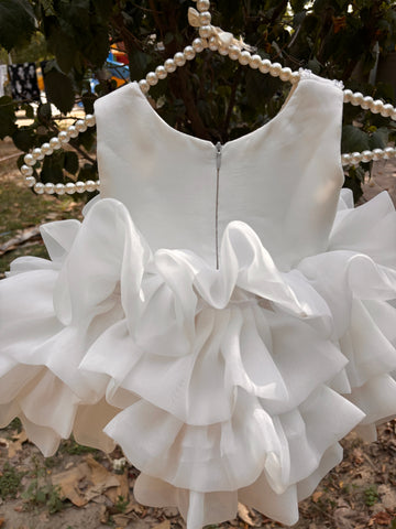 White Ruffle Organza Frock for Baby Girls — Rhinestone Neckline, 3D Rose & Layered Skirt