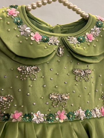 Olive Green Double Collar Handmade Dress
