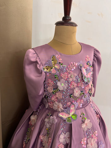 Lavender Satin Girls Dress | 3D Flowers & Butterfly Frock