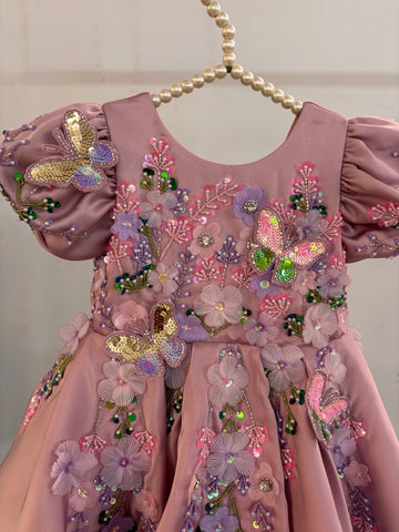 Dusty Rose Butterfly Garden Frock for Baby Girls — 3D Flowers, Sequin Butterflies & Puff Sleeves