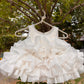 White Ruffle Organza Frock for Baby Girls — Rhinestone Neckline, 3D Rose & Layered Skirt