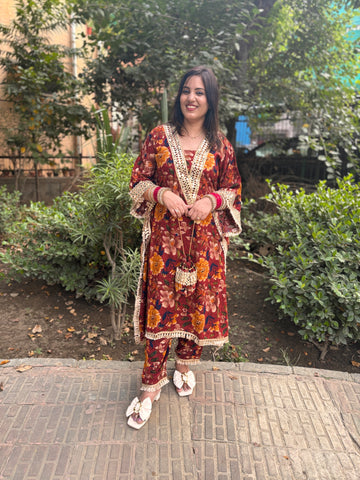 LD- 007 Printed Mirror work Kaftan Set with Potli