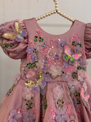Dusty Rose Butterfly Garden Frock for Baby Girls — 3D Flowers, Sequin Butterflies & Puff Sleeves