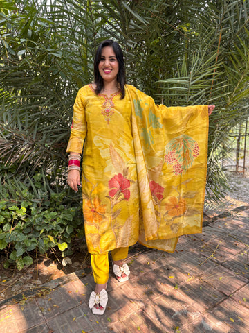 Yellow Printed Handmade Suit Set