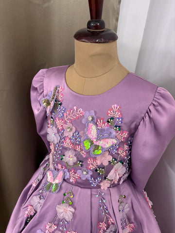 Lavender Satin Girls Dress | 3D Flowers & Butterfly Frock