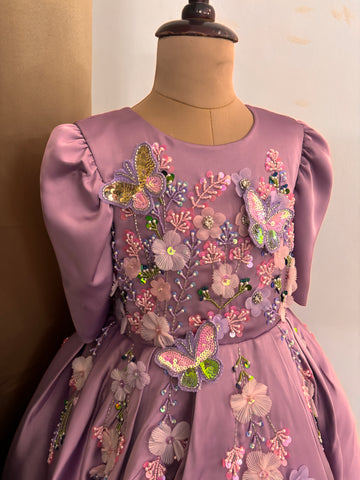 Lavender Satin Girls Dress | 3D Flowers & Butterfly Frock