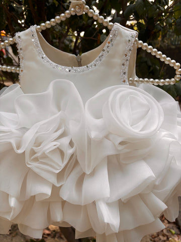 White Ruffle Organza Frock for Baby Girls — Rhinestone Neckline, 3D Rose & Layered Skirt