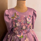 Lavender Satin Girls Dress | 3D Flowers & Butterfly Frock