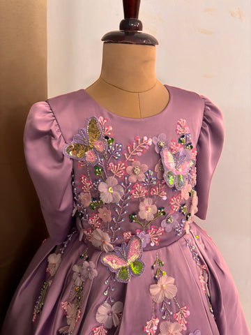 Lavender Satin Girls Dress | 3D Flowers & Butterfly Frock