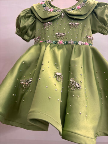 Olive Green Double Collar Handmade Dress
