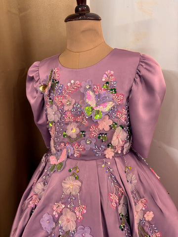 Lavender Satin Girls Dress | 3D Flowers & Butterfly Frock