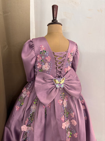 Lavender Satin Girls Dress | 3D Flowers & Butterfly Frock