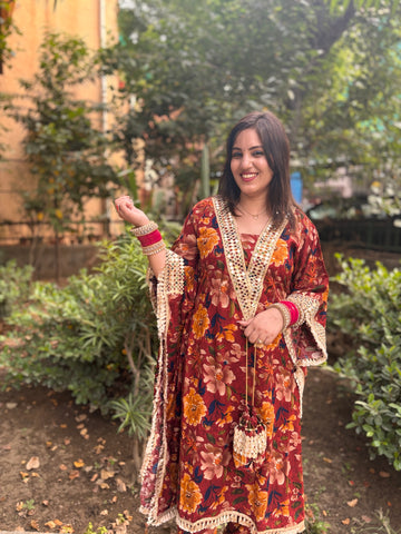 LD- 007 Printed Mirror work Kaftan Set with Potli