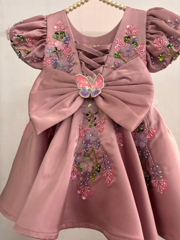 Dusty Rose Butterfly Garden Frock for Baby Girls — 3D Flowers, Sequin Butterflies & Puff Sleeves